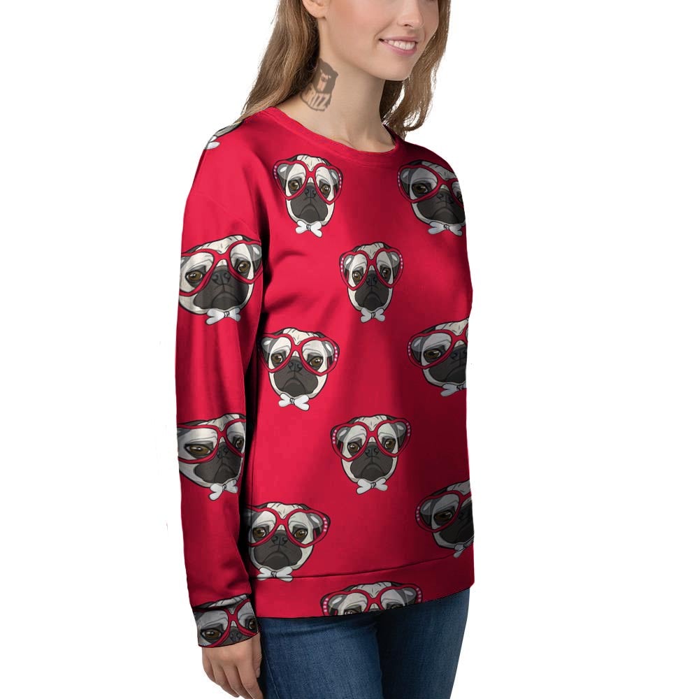 Pug Red Glasses Print Pattern Women's Sweatshirt-grizzshop