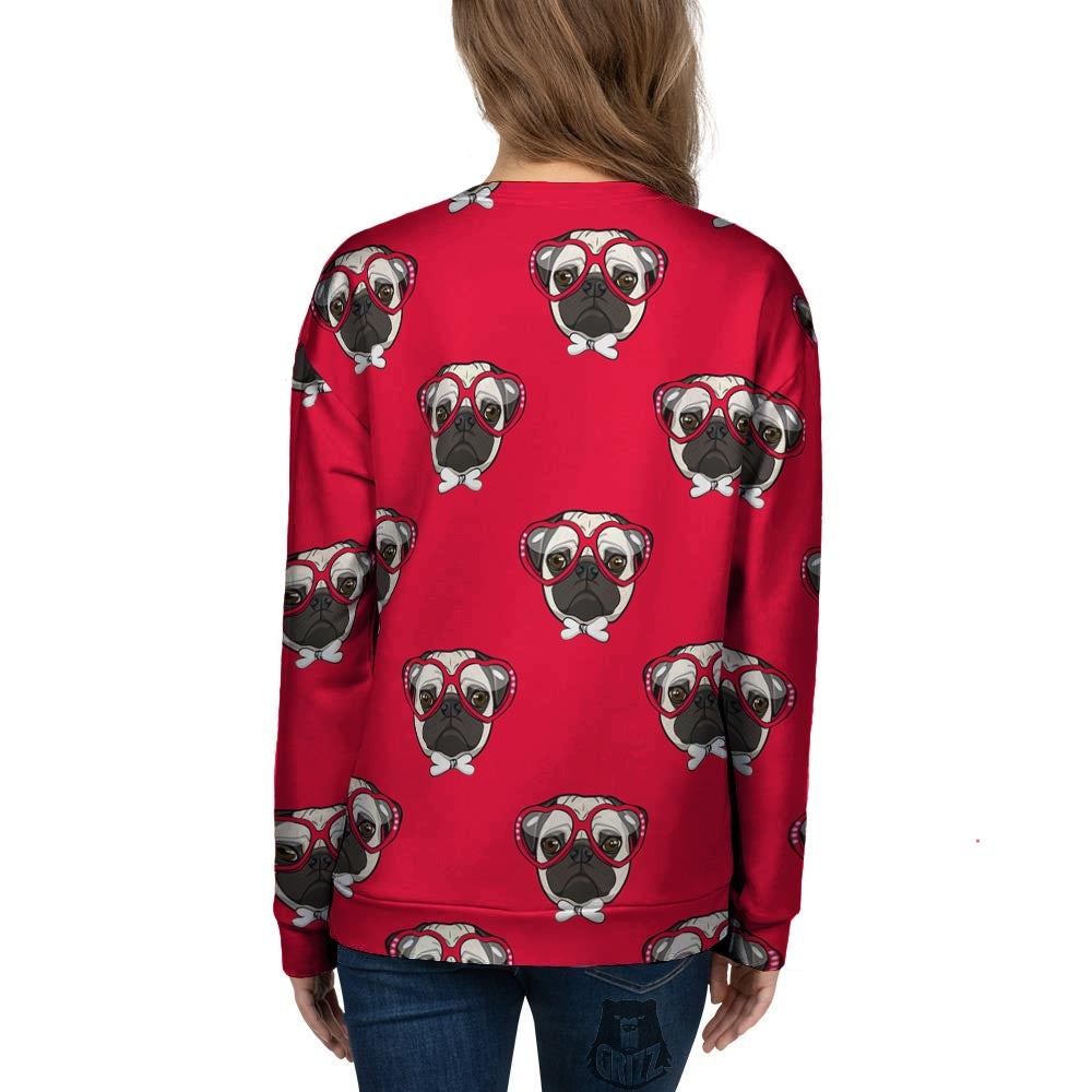 Pug Red Glasses Print Pattern Women's Sweatshirt-grizzshop