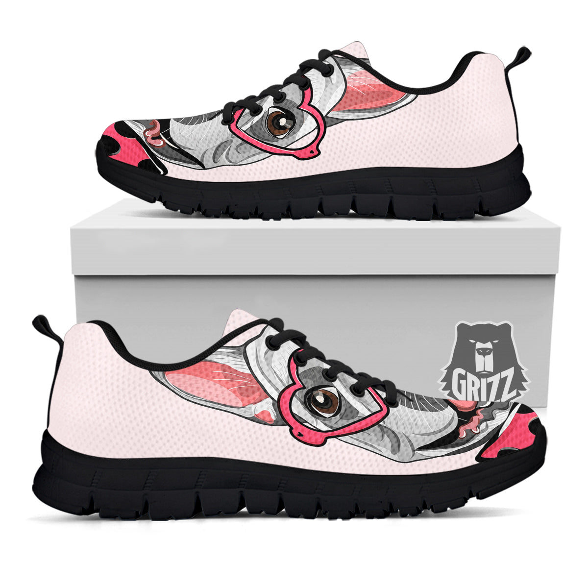 Pug With Glasses Cute Print Cute Black Sneaker-grizzshop