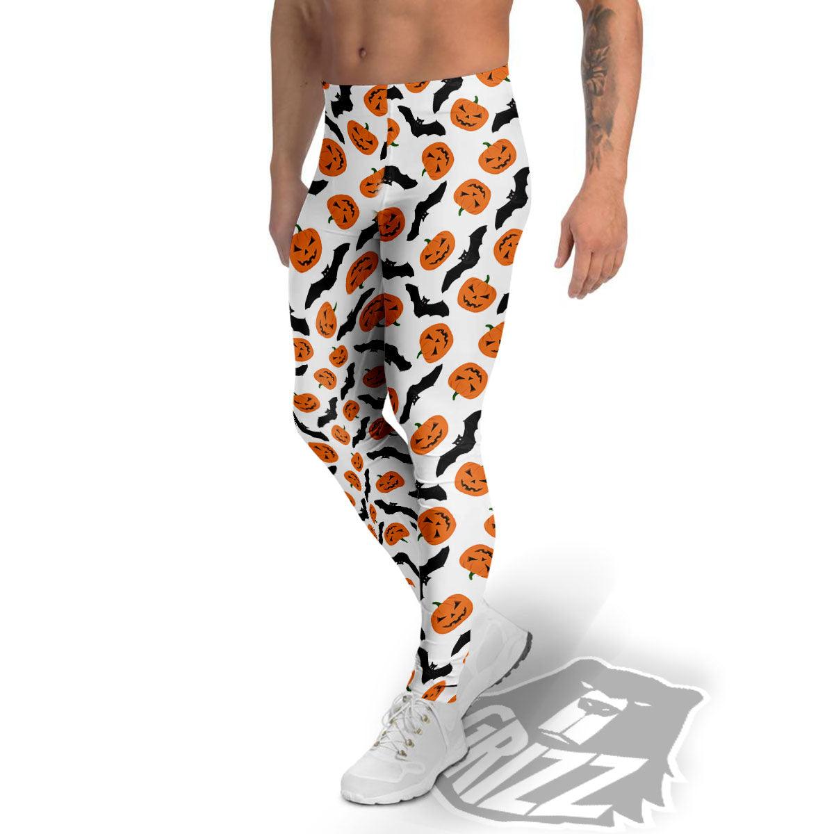 Pumpkin And Bat Halloween Print Pattern Men's Leggings-grizzshop