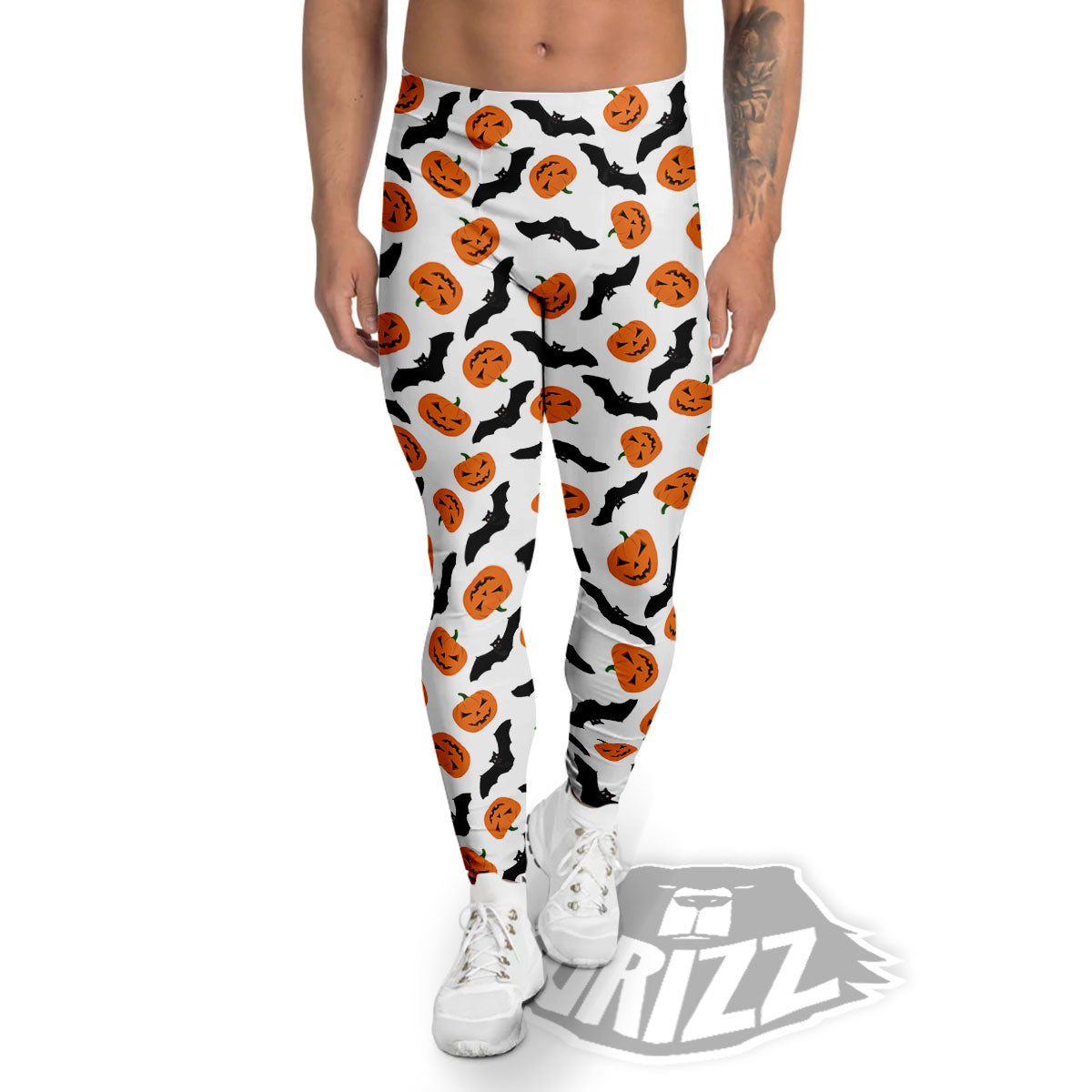 Pumpkin And Bat Halloween Print Pattern Men's Leggings-grizzshop