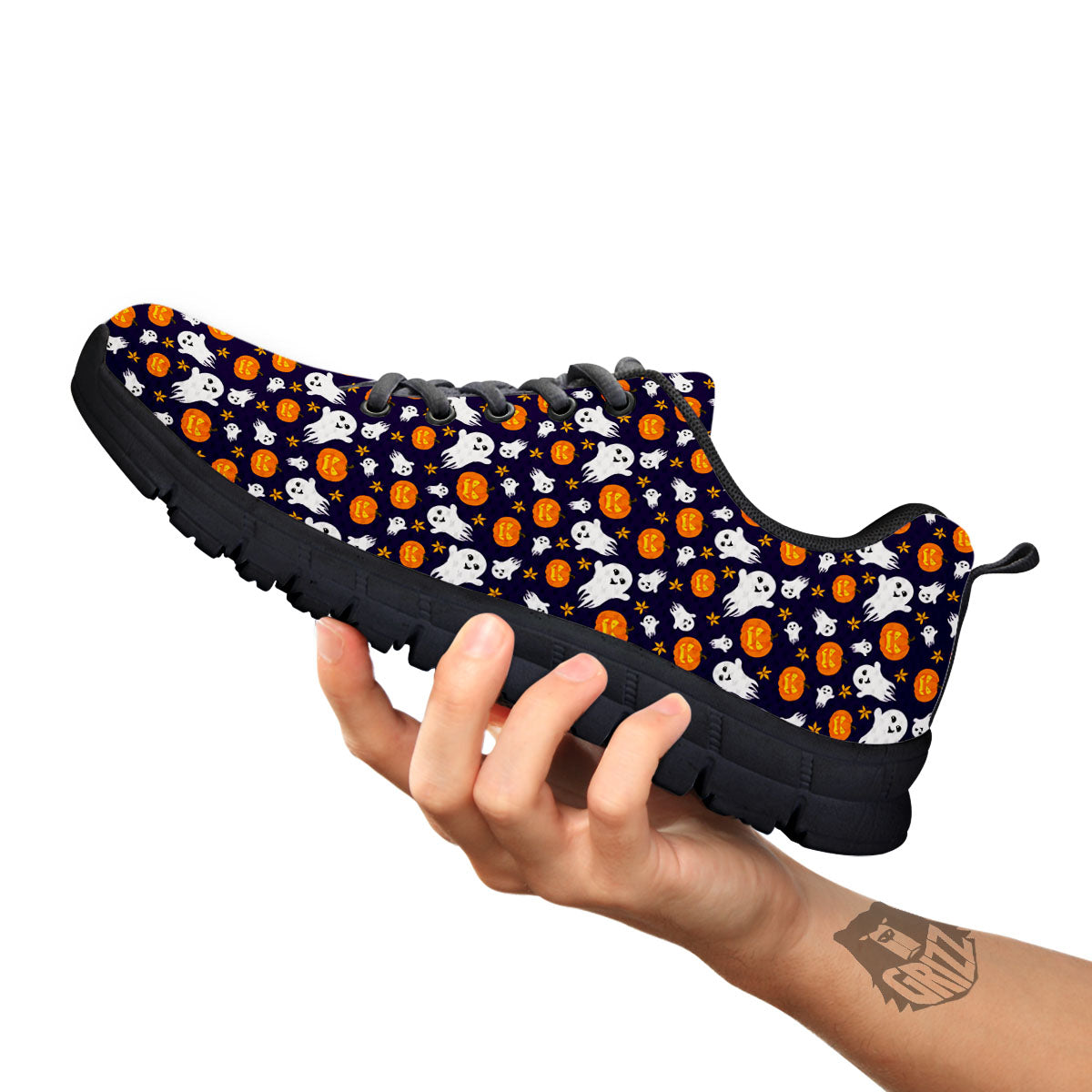 Pumpkin And Ghost Print Pattern Black Sneaker-grizzshop