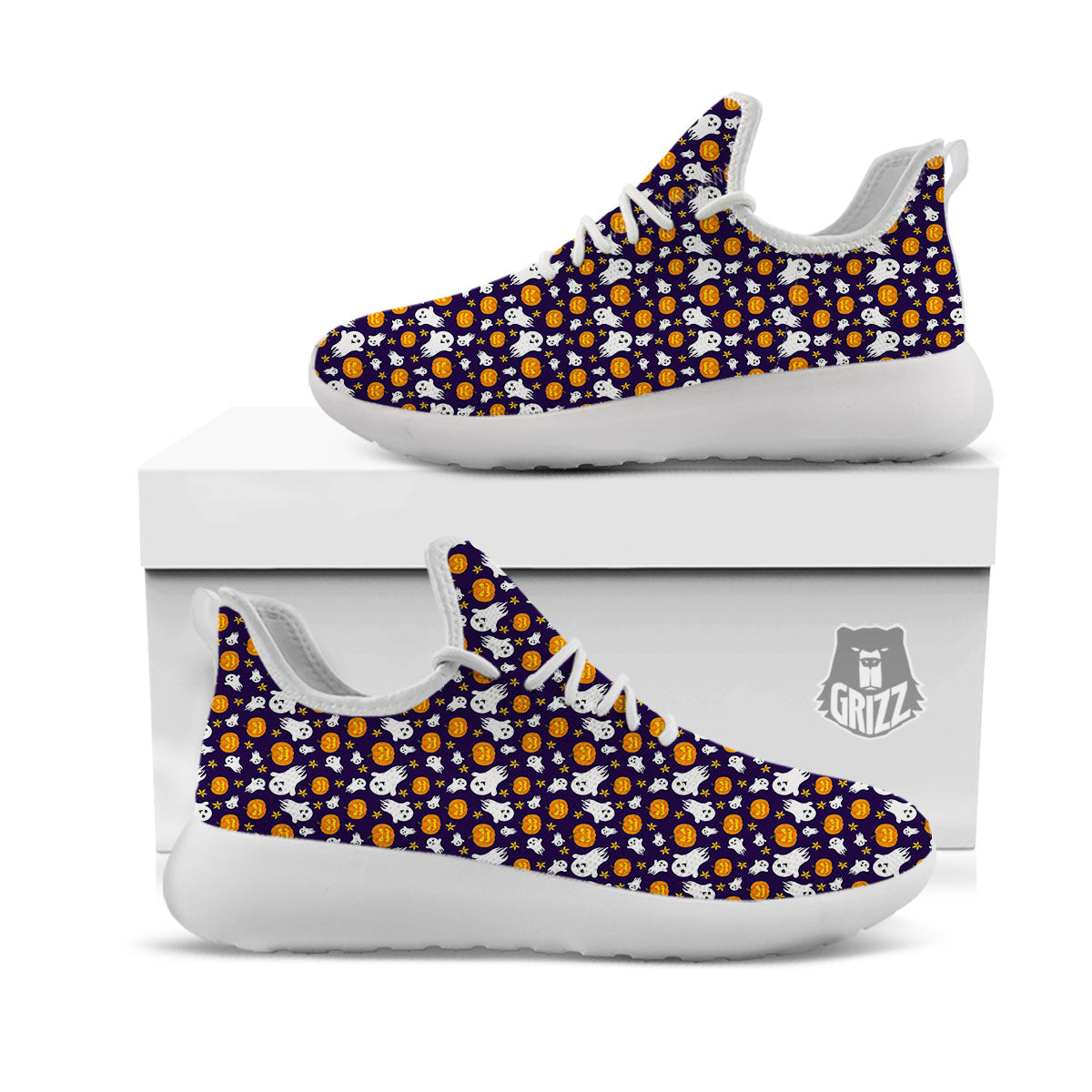 Pumpkin And Ghost Print Pattern White Athletic Shoes-grizzshop