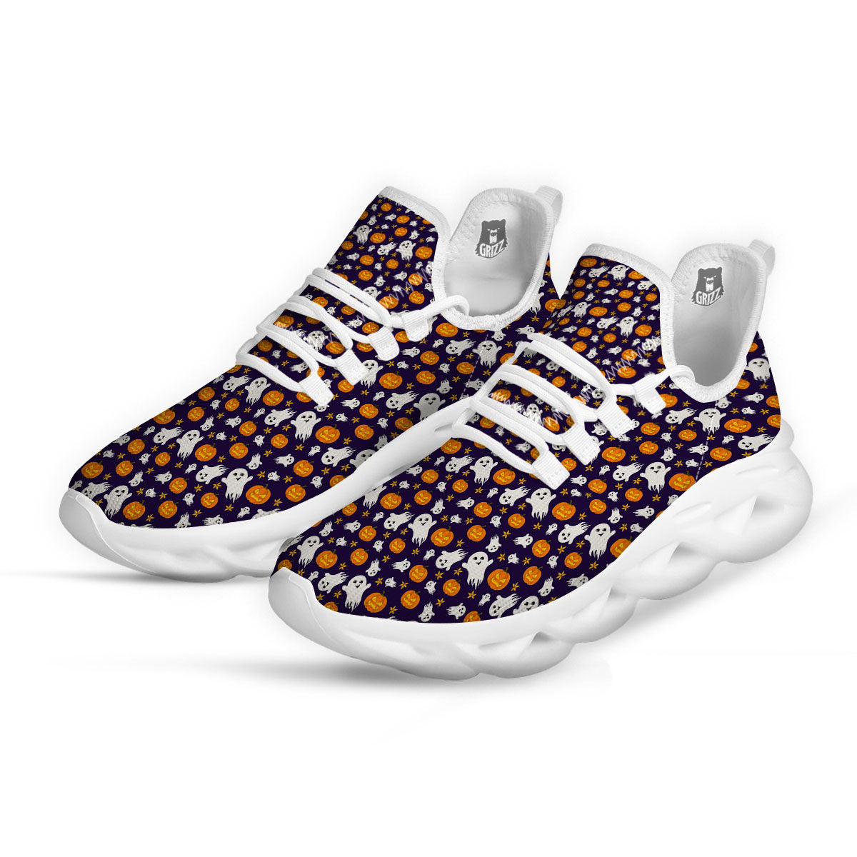 Pumpkin And Ghost Print Pattern White Running Shoes-grizzshop