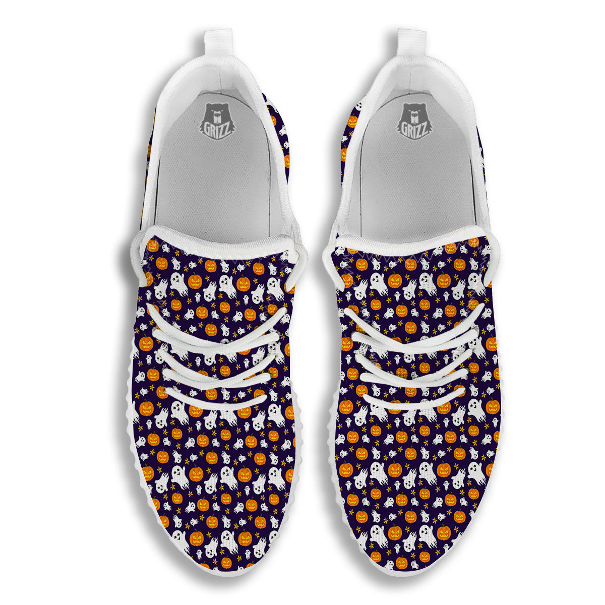 Pumpkin And Ghost Print Pattern White Walking Shoes-grizzshop