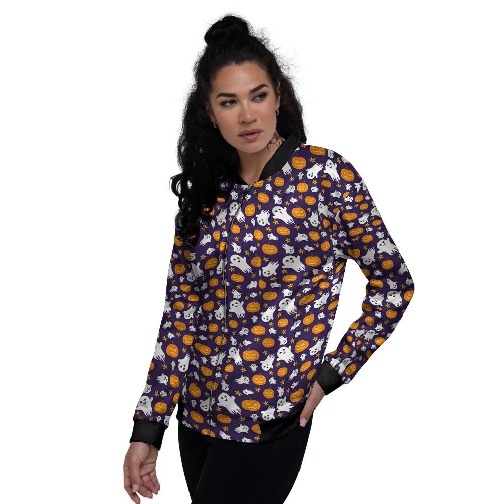 Pumpkin And Ghost Print Pattern Women's Bomber Jacket-grizzshop