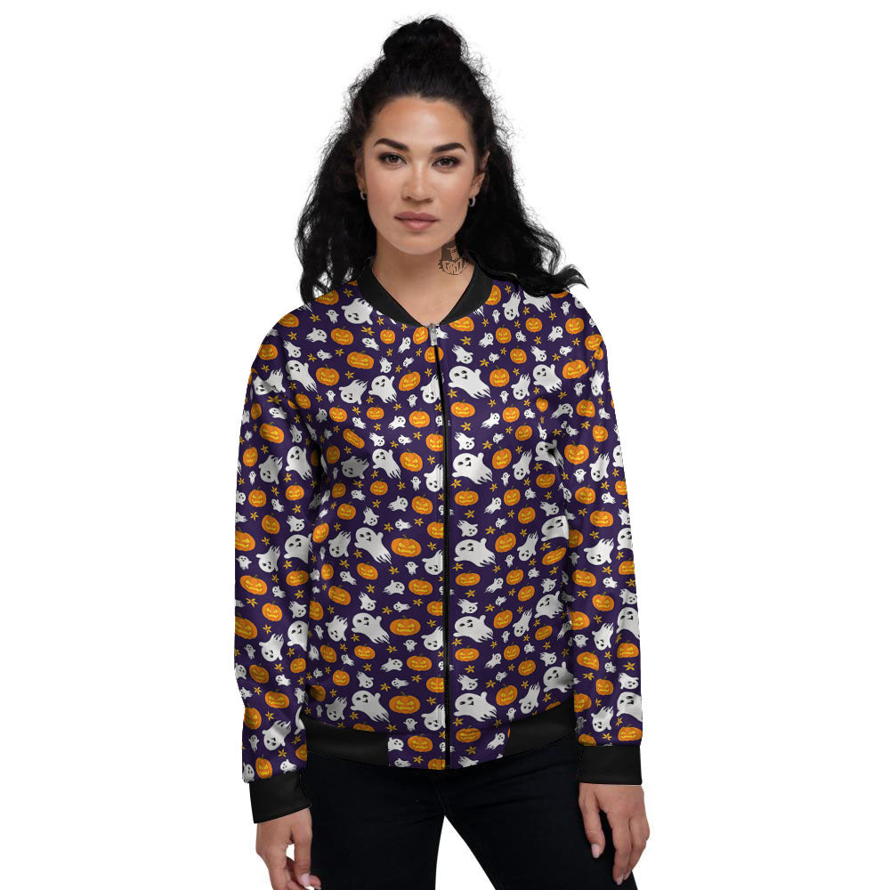 Pumpkin And Ghost Print Pattern Women's Bomber Jacket-grizzshop