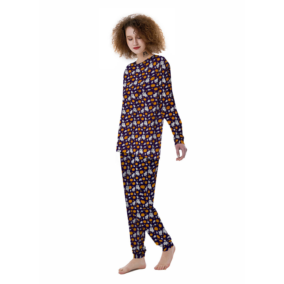 Pumpkin And Ghost Print Pattern Women's Pajamas-grizzshop