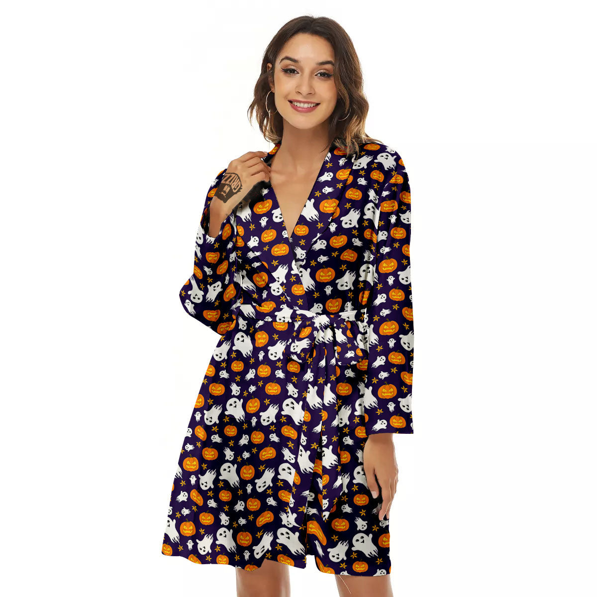Pumpkin And Ghost Print Pattern Women's Robe-grizzshop