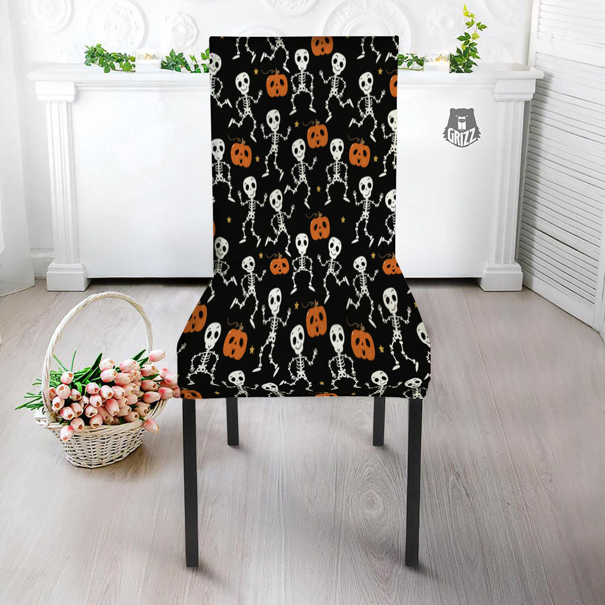 Pumpkin And Skeleton Halloween Print Dining Chair Slipcover-grizzshop