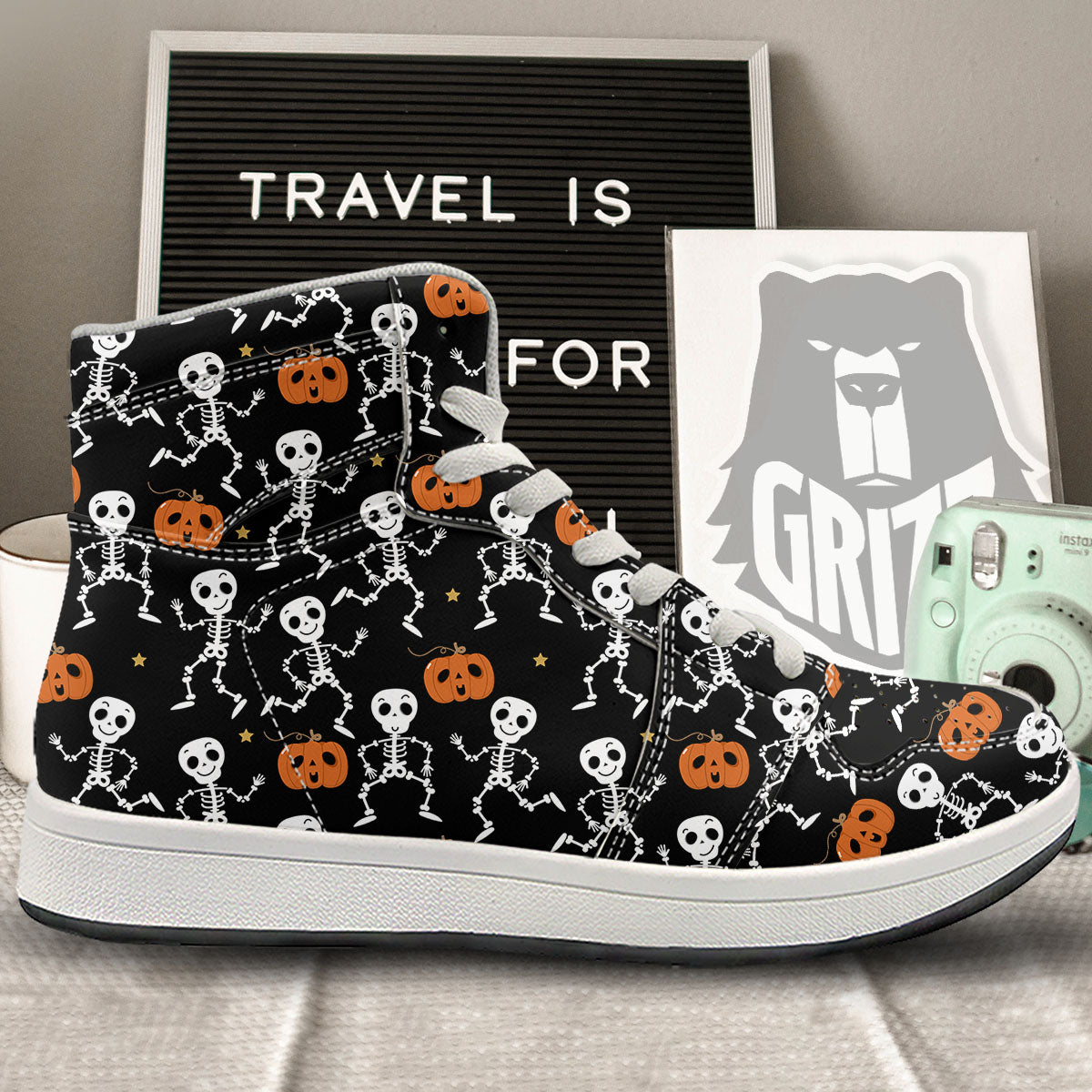 Pumpkin And Skeleton Halloween Print High Top Sneakers-grizzshop