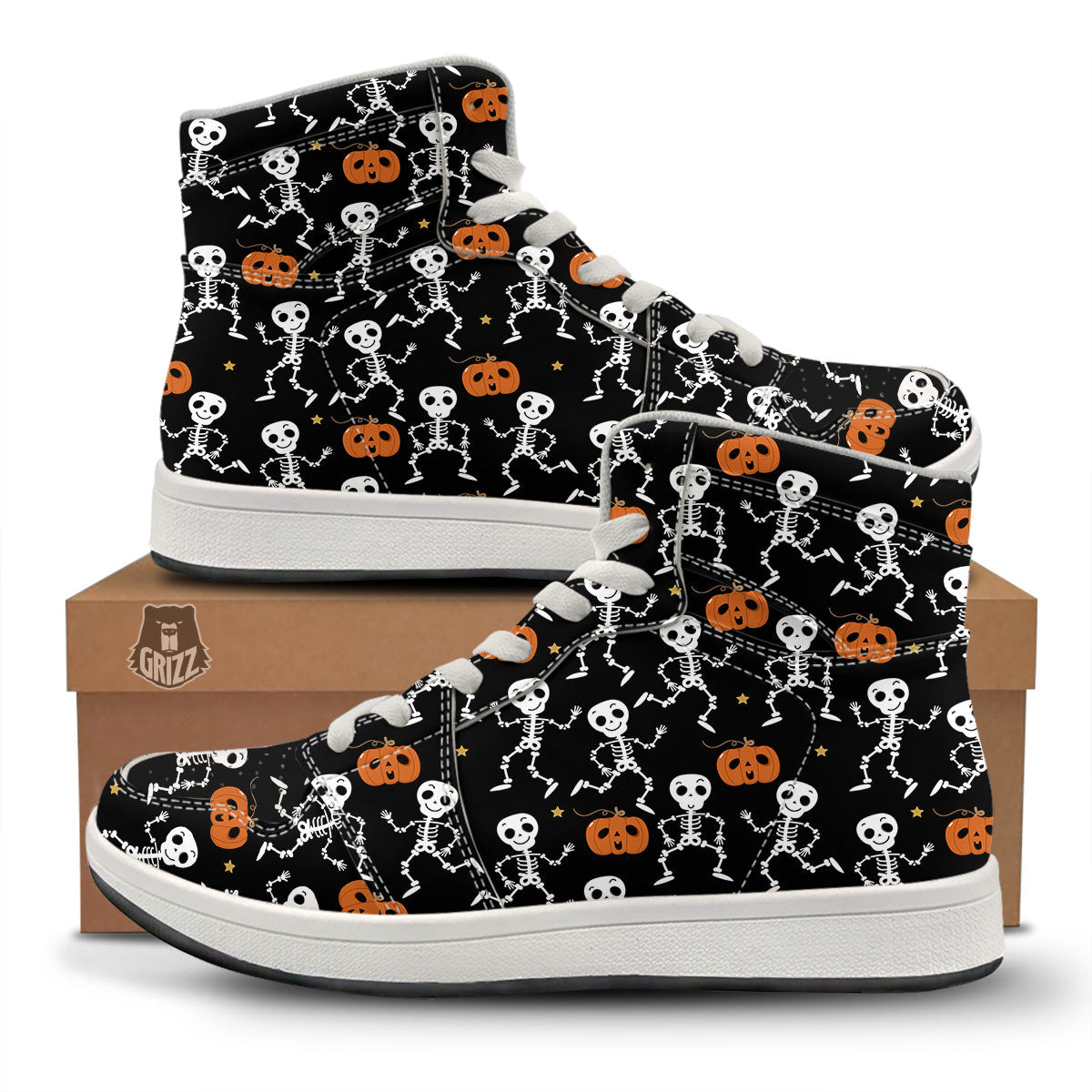 Pumpkin And Skeleton Halloween Print High Top Sneakers-grizzshop