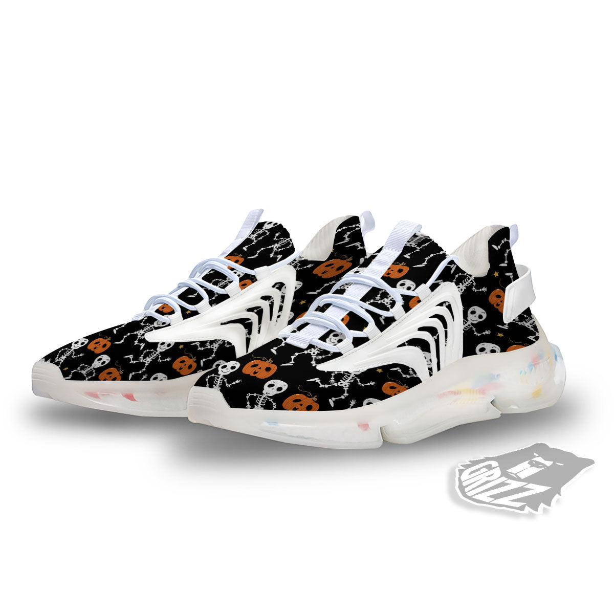 Pumpkin And Skeleton Halloween Print White Gym Shoes-grizzshop