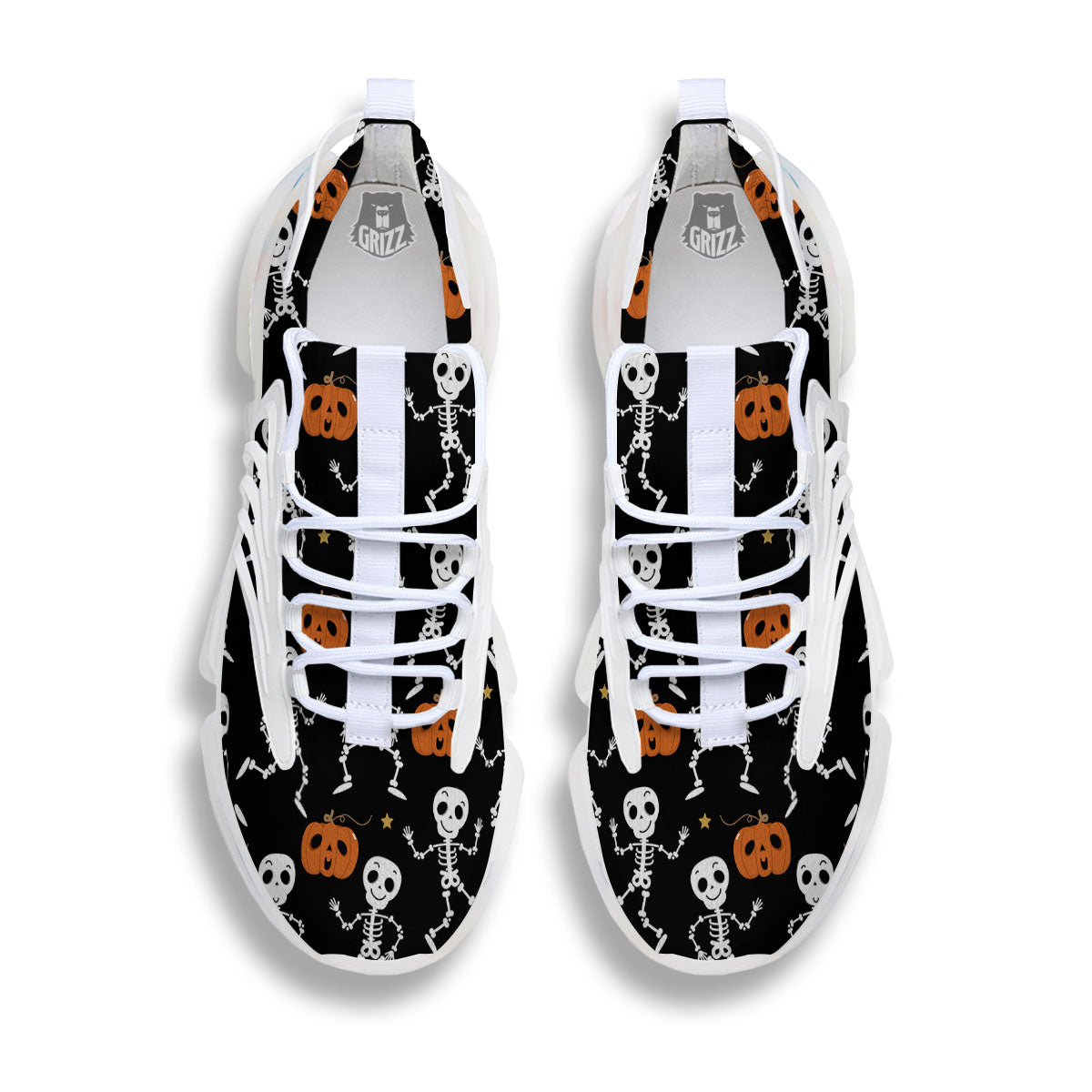 Pumpkin And Skeleton Halloween Print White Gym Shoes-grizzshop