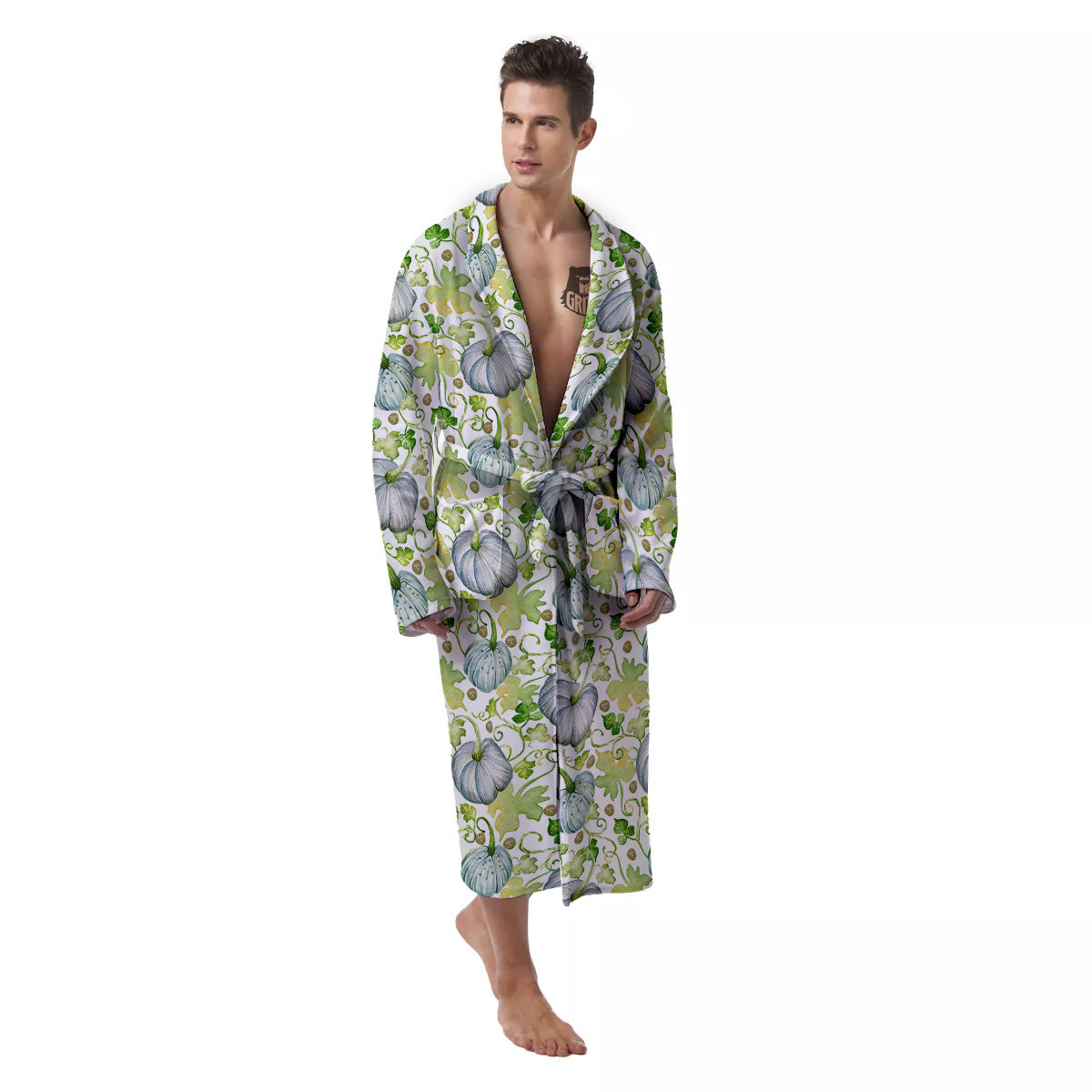 Pumpkin Green Print Pattern Men's Robe-grizzshop