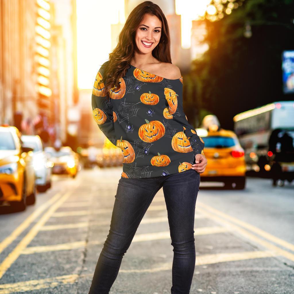 Pumpkin Halloween Print Pattern Women Off Shoulder Sweatshirt-grizzshop