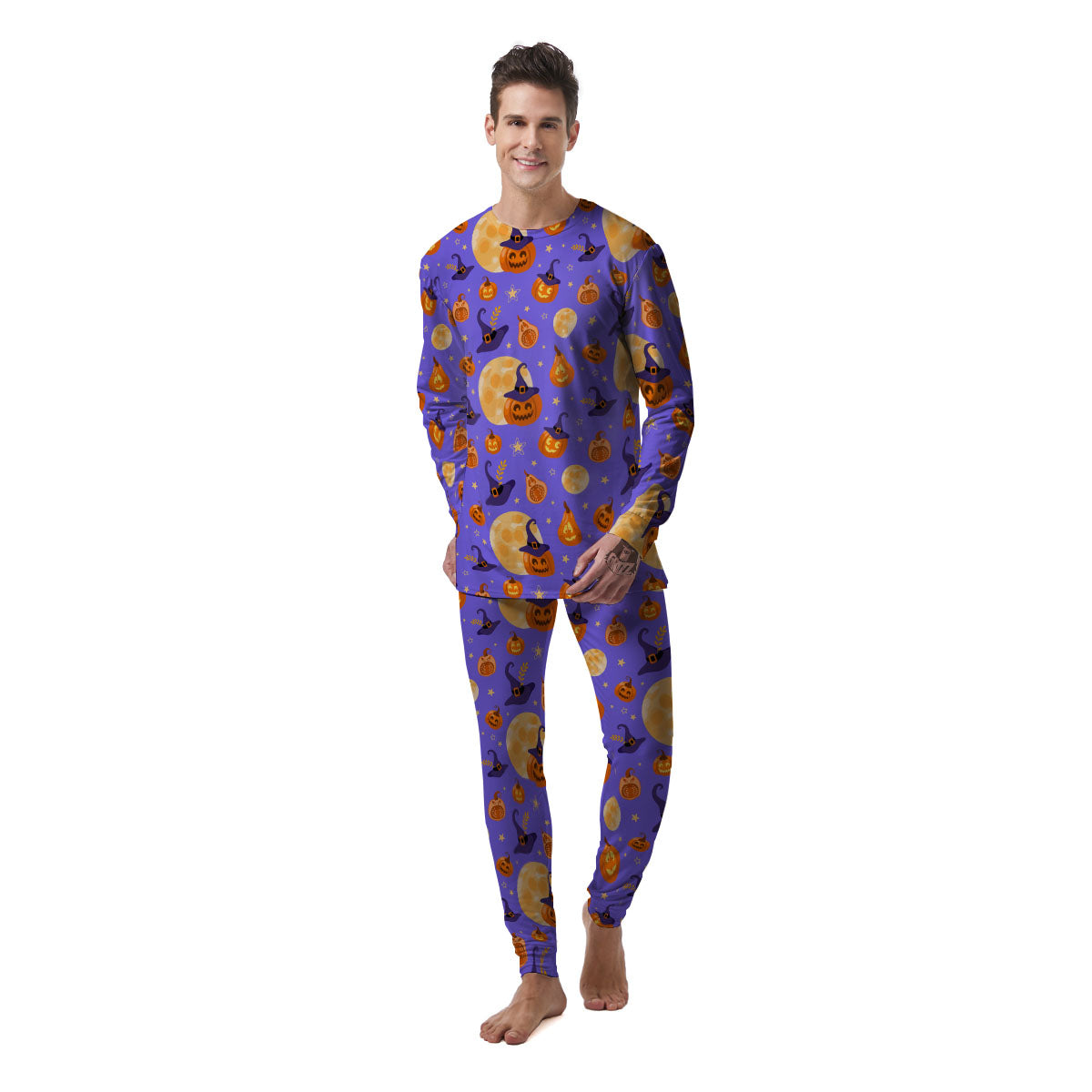 Pumpkin Halloween Purple Print Pattern Men's Pajamas-grizzshop