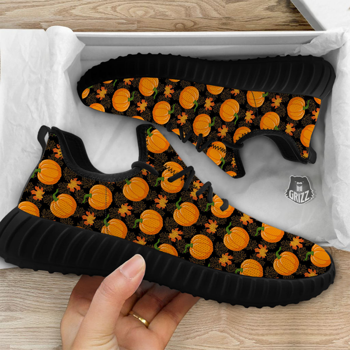 Pumpkin Orange Print Pattern Black Walking Shoes-grizzshop