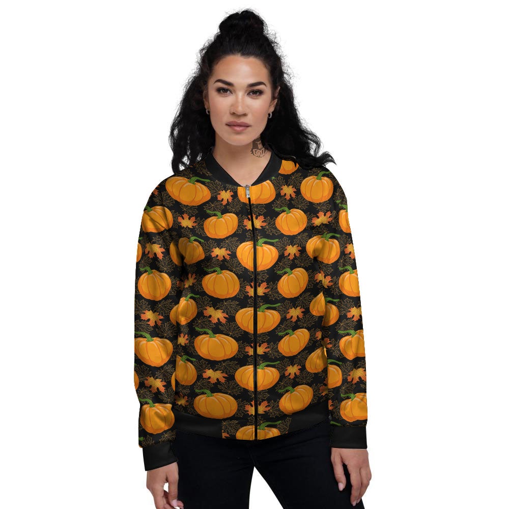 Pumpkin Orange Print Pattern Women's Bomber Jacket-grizzshop