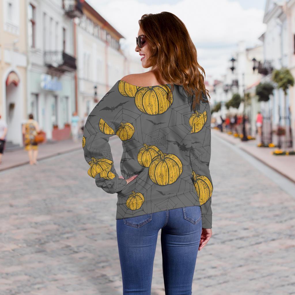Pumpkin Pattern Print Women Off Shoulder Sweatshirt-grizzshop