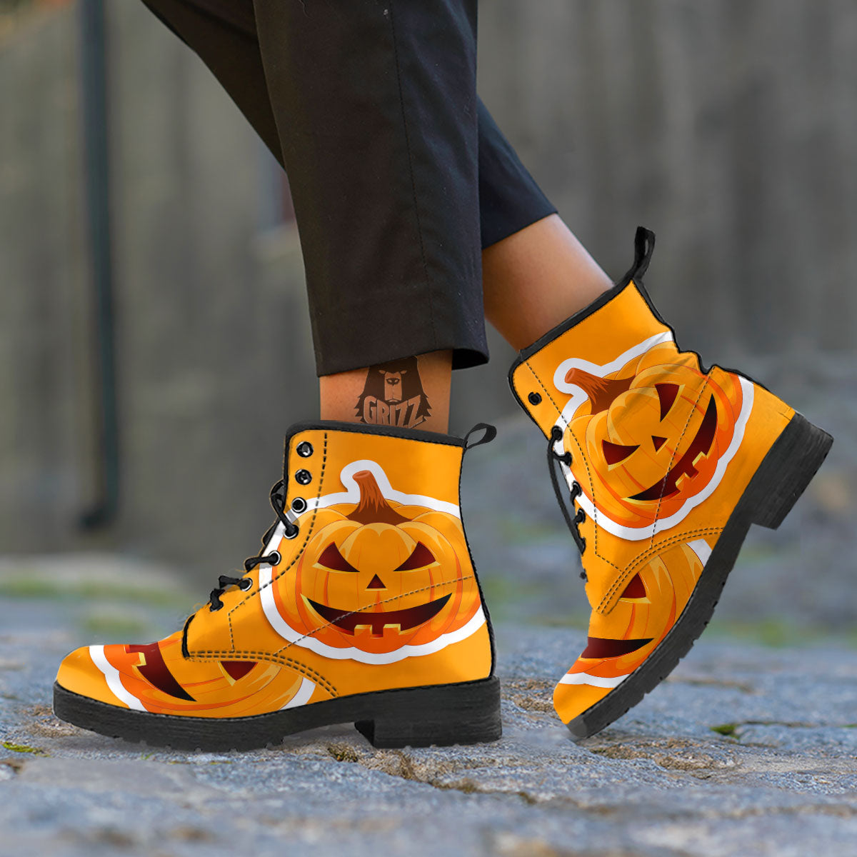 Pumpkin Print Leather Boots-grizzshop