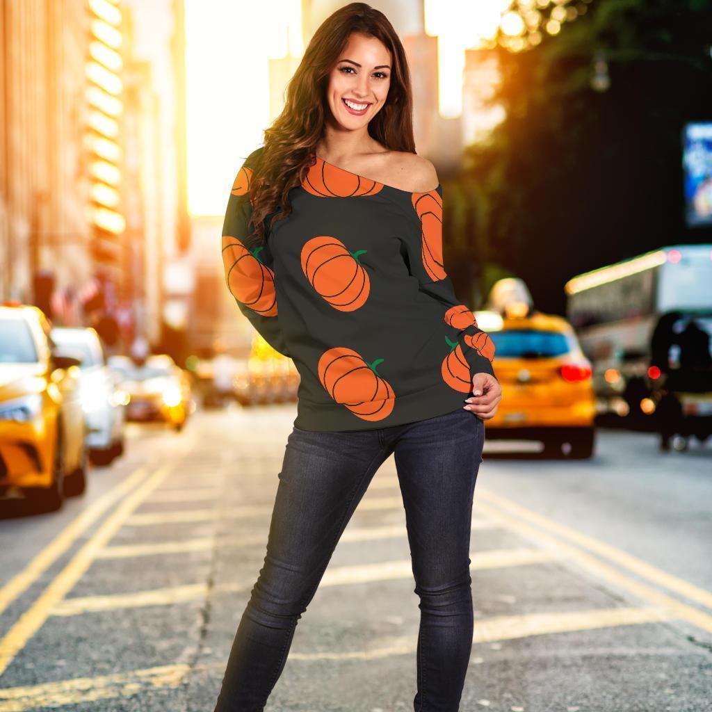 Pumpkin Print Pattern Women Off Shoulder Sweatshirt-grizzshop