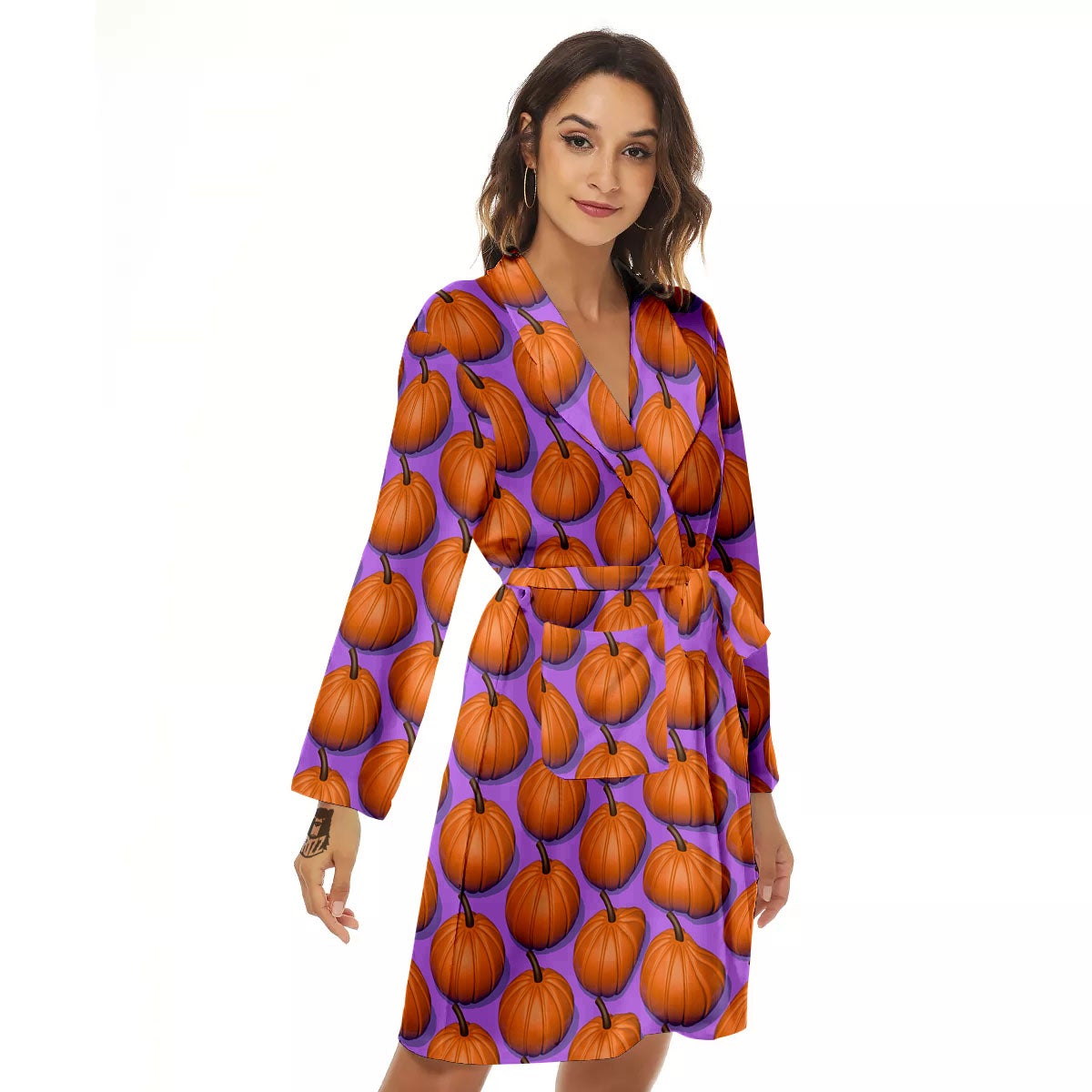 Pumpkin Wave Print Pattern Women's Robe-grizzshop