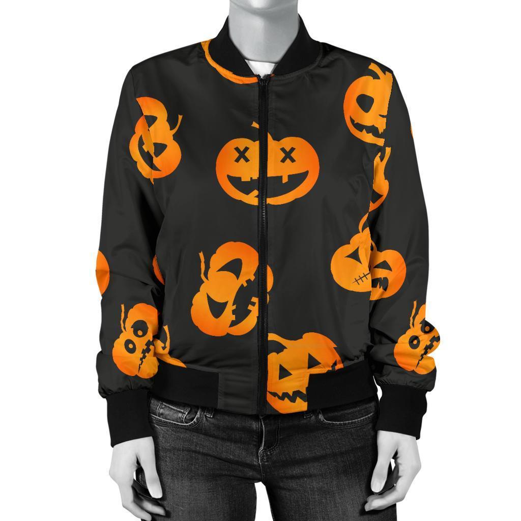 Pumpkin Halloween Pattern Print Women Casual Bomber Jacket-grizzshop