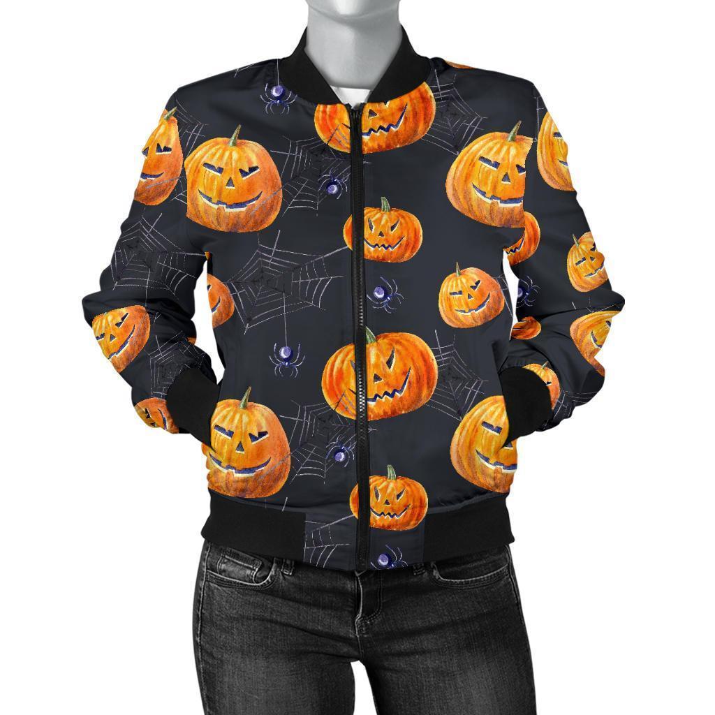 Pumpkin Halloween Print Pattern Women Casual Bomber Jacket-grizzshop