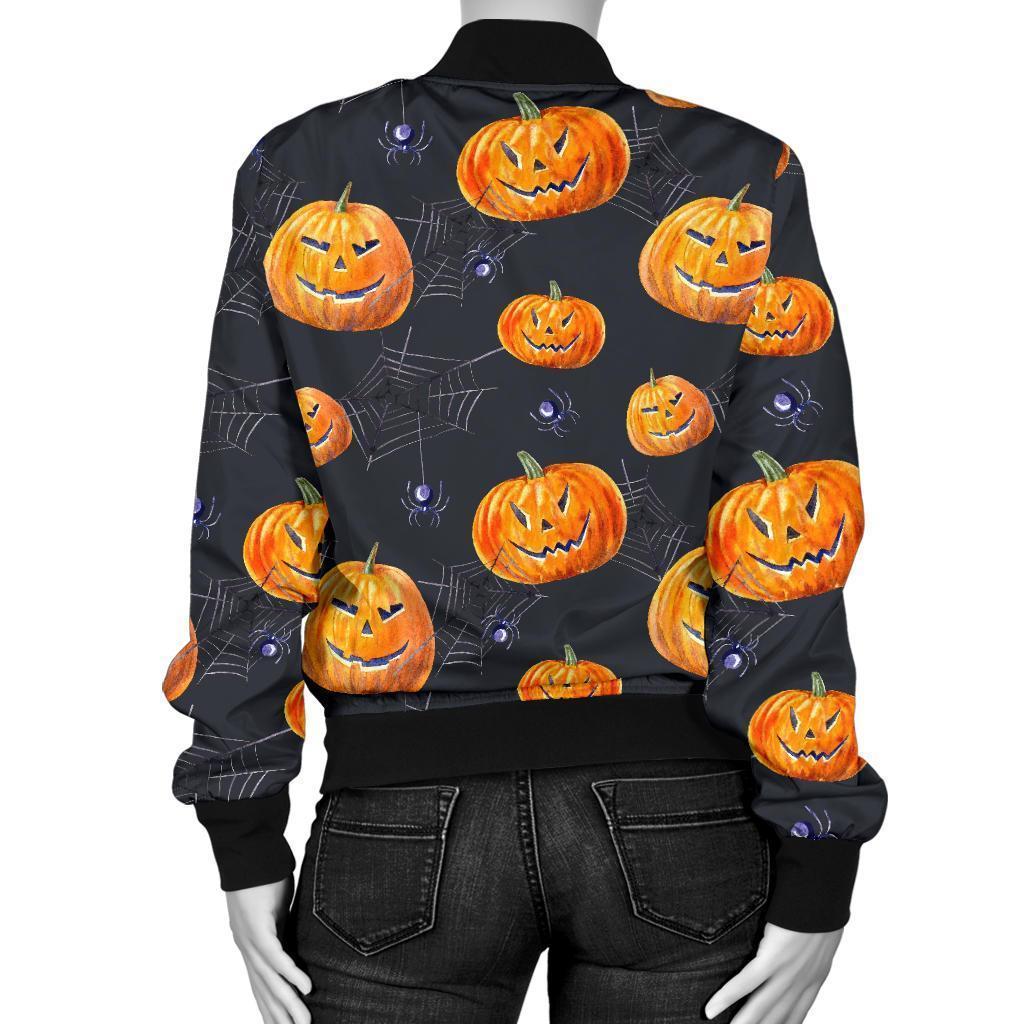 Pumpkin Halloween Print Pattern Women Casual Bomber Jacket-grizzshop