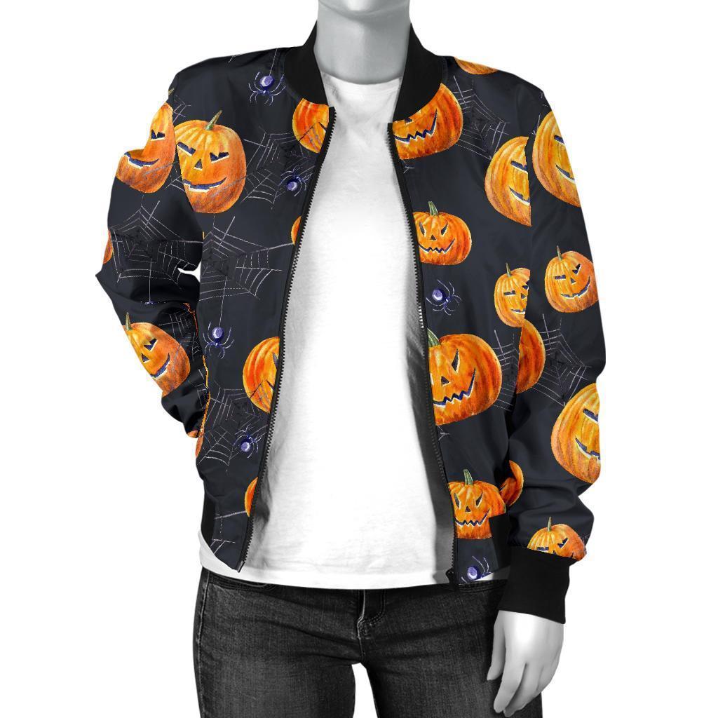 Pumpkin Halloween Print Pattern Women Casual Bomber Jacket-grizzshop
