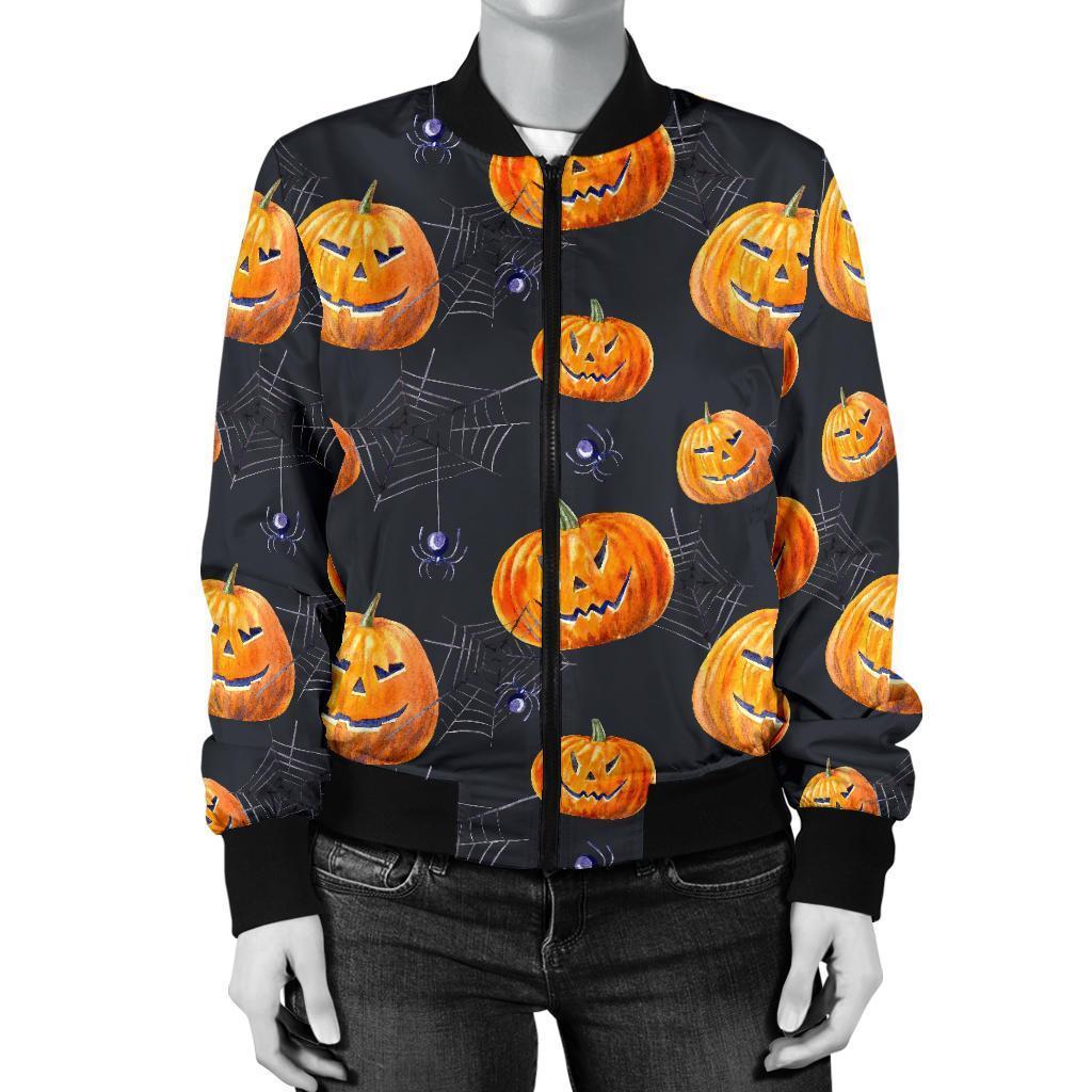 Pumpkin Halloween Print Pattern Women Casual Bomber Jacket-grizzshop