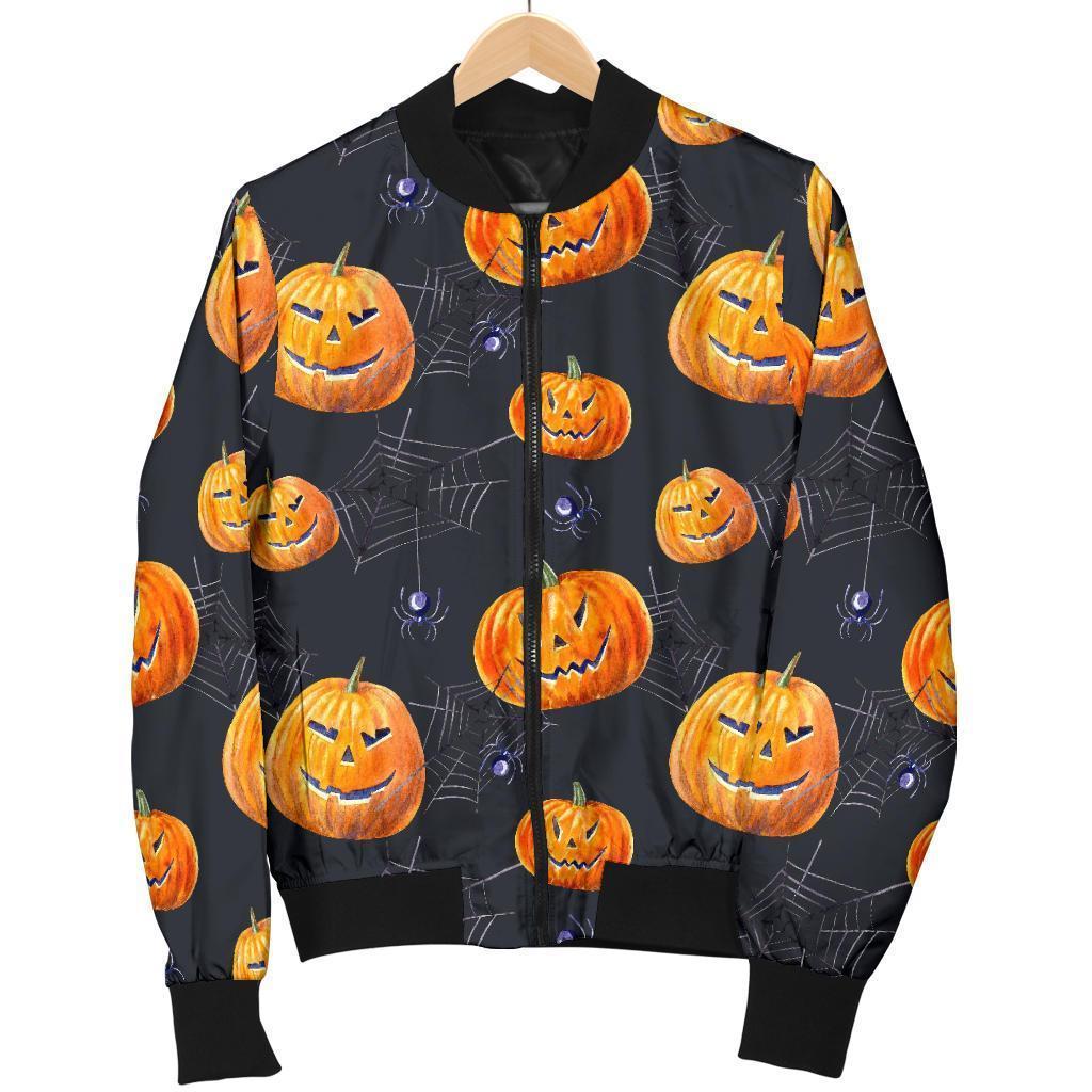 Pumpkin Halloween Print Pattern Women Casual Bomber Jacket-grizzshop