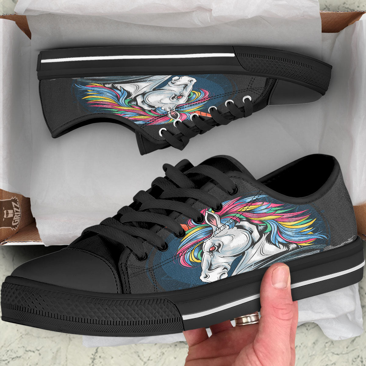 Punk Unicorn Print Black Low Top Shoes-grizzshop