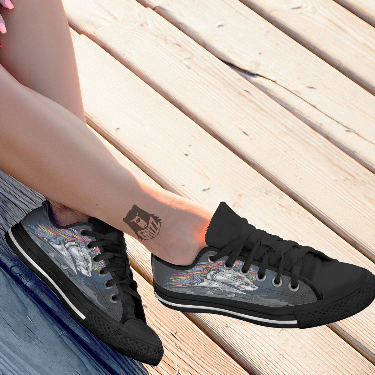 Punk Unicorn Print Black Low Top Shoes-grizzshop