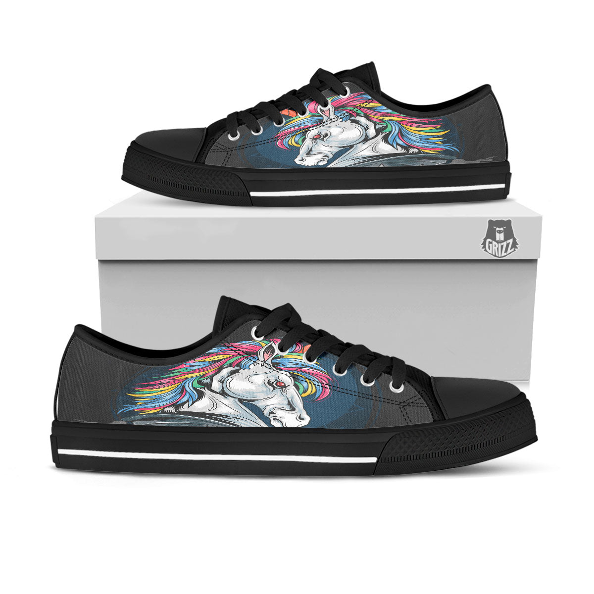 Punk Unicorn Print Black Low Top Shoes-grizzshop