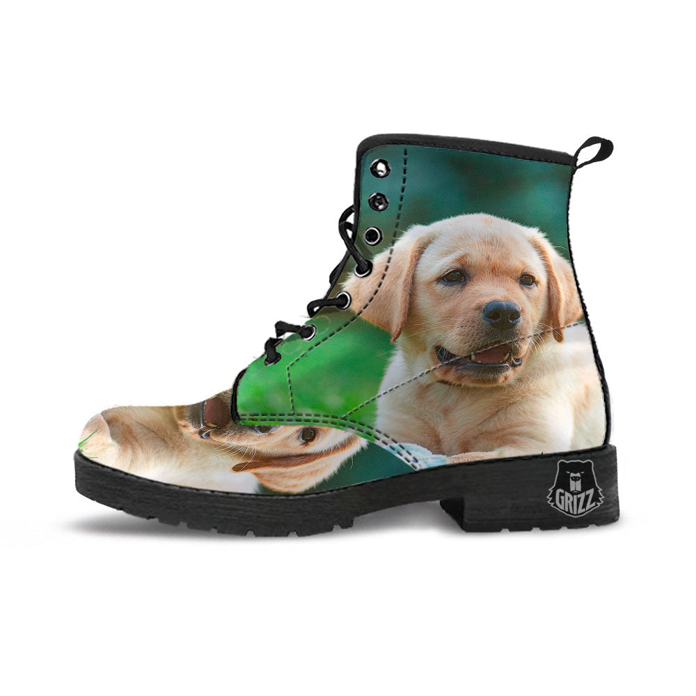 Puppy And Labrador Retriever Print Leather Boots-grizzshop