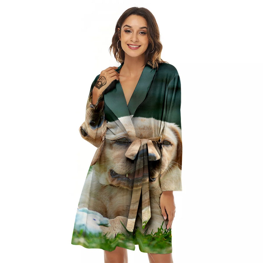Puppy And Labrador Retriever Print Women's Robe-grizzshop