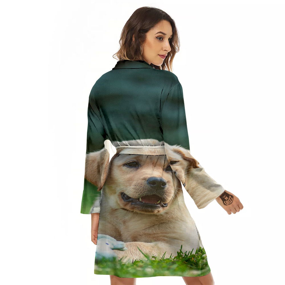 Puppy And Labrador Retriever Print Women's Robe-grizzshop