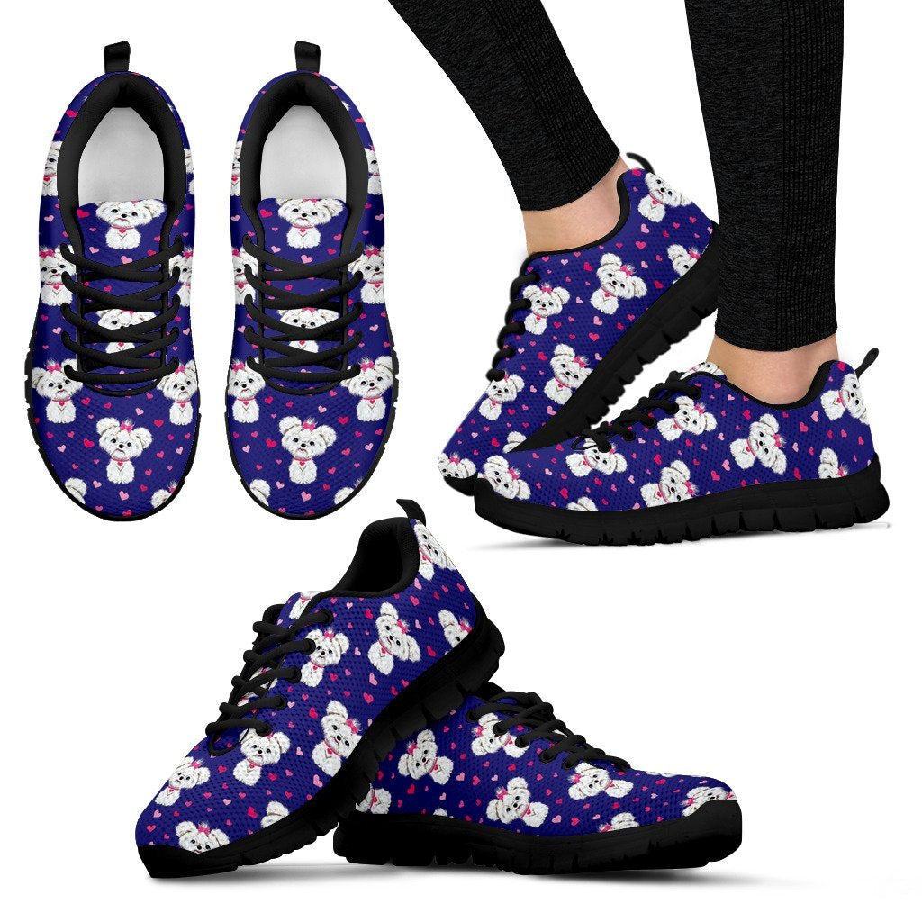 Puppy Dog Maltese Pattern Print Black Sneaker Shoes For Men Women-grizzshop