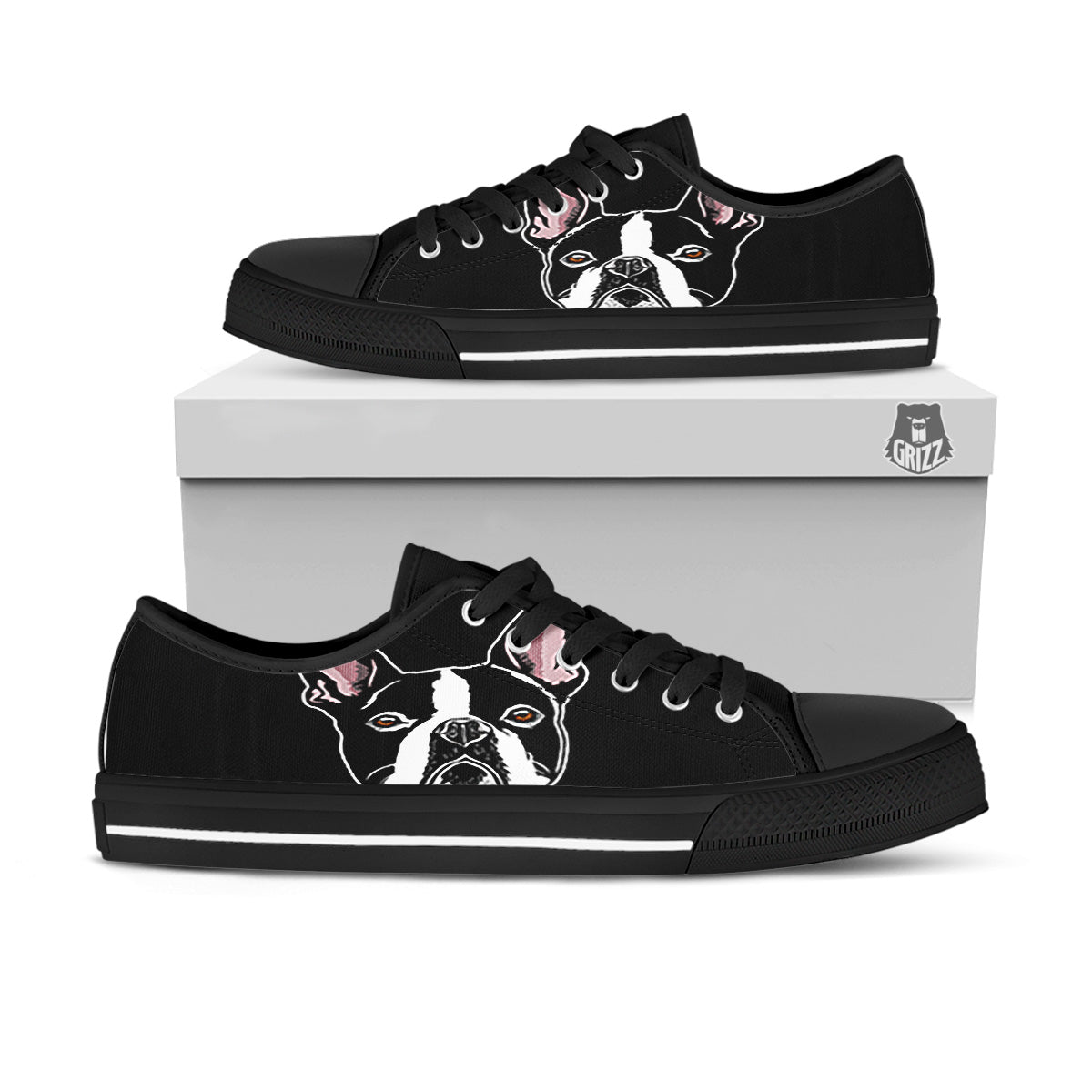 Puppy Faces Boston Terrier Print Black Low Top Shoes-grizzshop