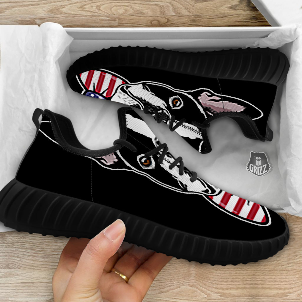 Puppy Faces Boston Terrier Print Black Walking Shoes-grizzshop