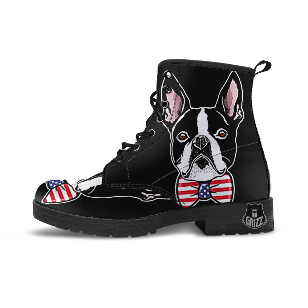 Puppy Faces Boston Terrier Print Leather Boots-grizzshop