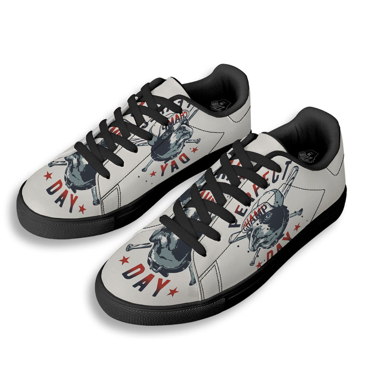 Puppy French Bulldog And Baseball Print Black Low Top Sneakers-grizzshop