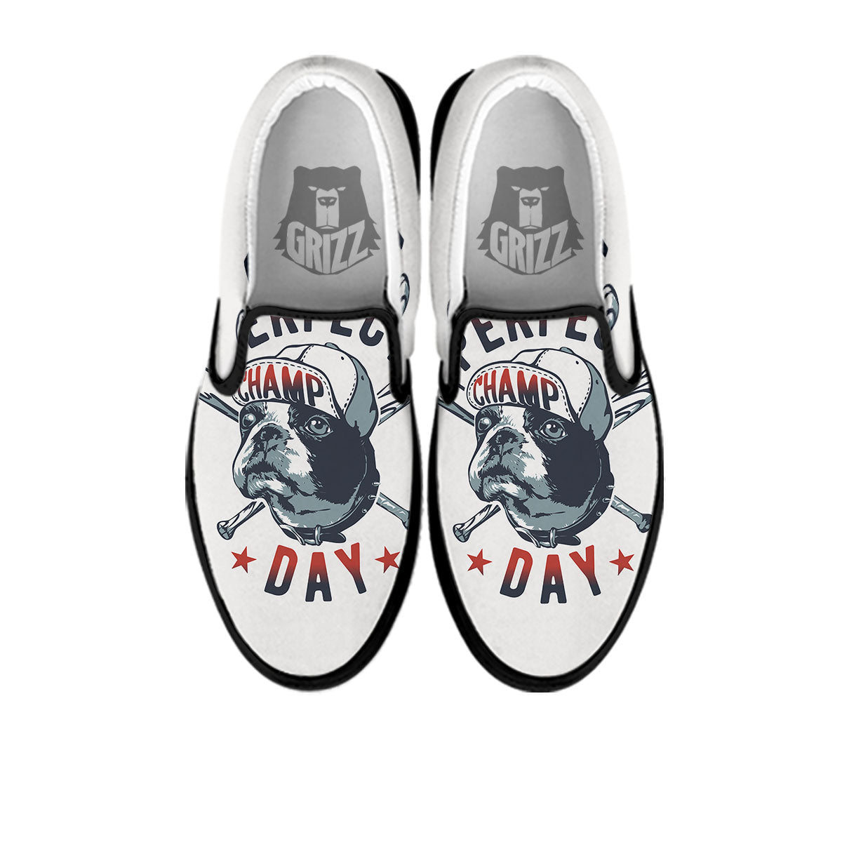 Puppy French Bulldog And Baseball Print Black Slip On Shoes-grizzshop