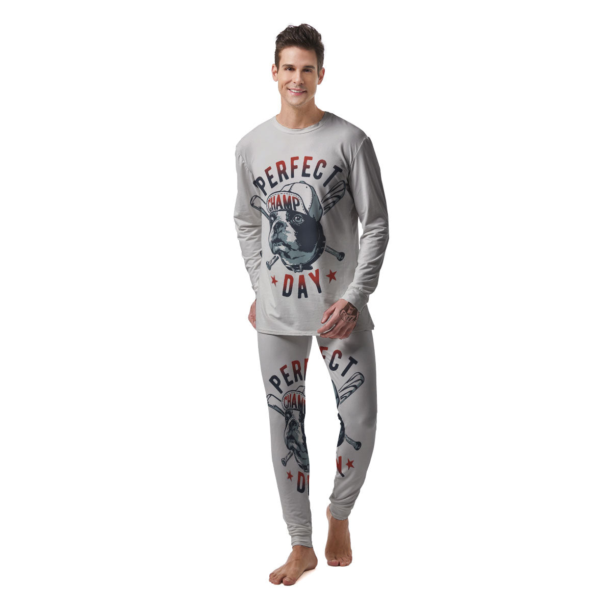 Puppy French Bulldog And Baseball Print Men's Pajamas-grizzshop
