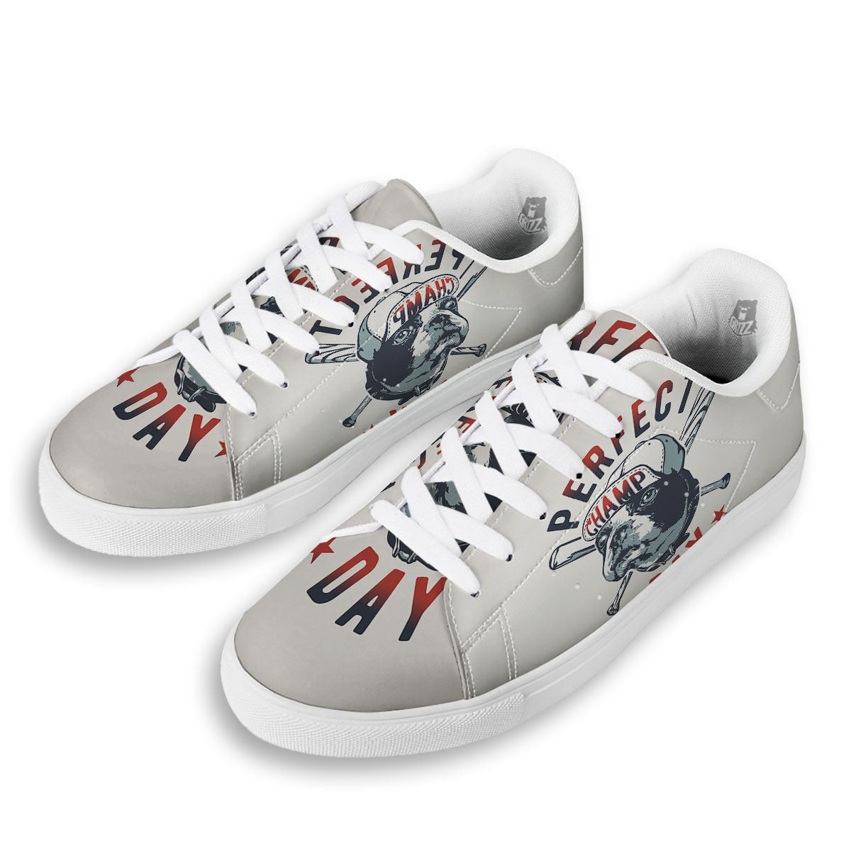 Puppy French Bulldog And Baseball Print White Low Top Sneakers-grizzshop