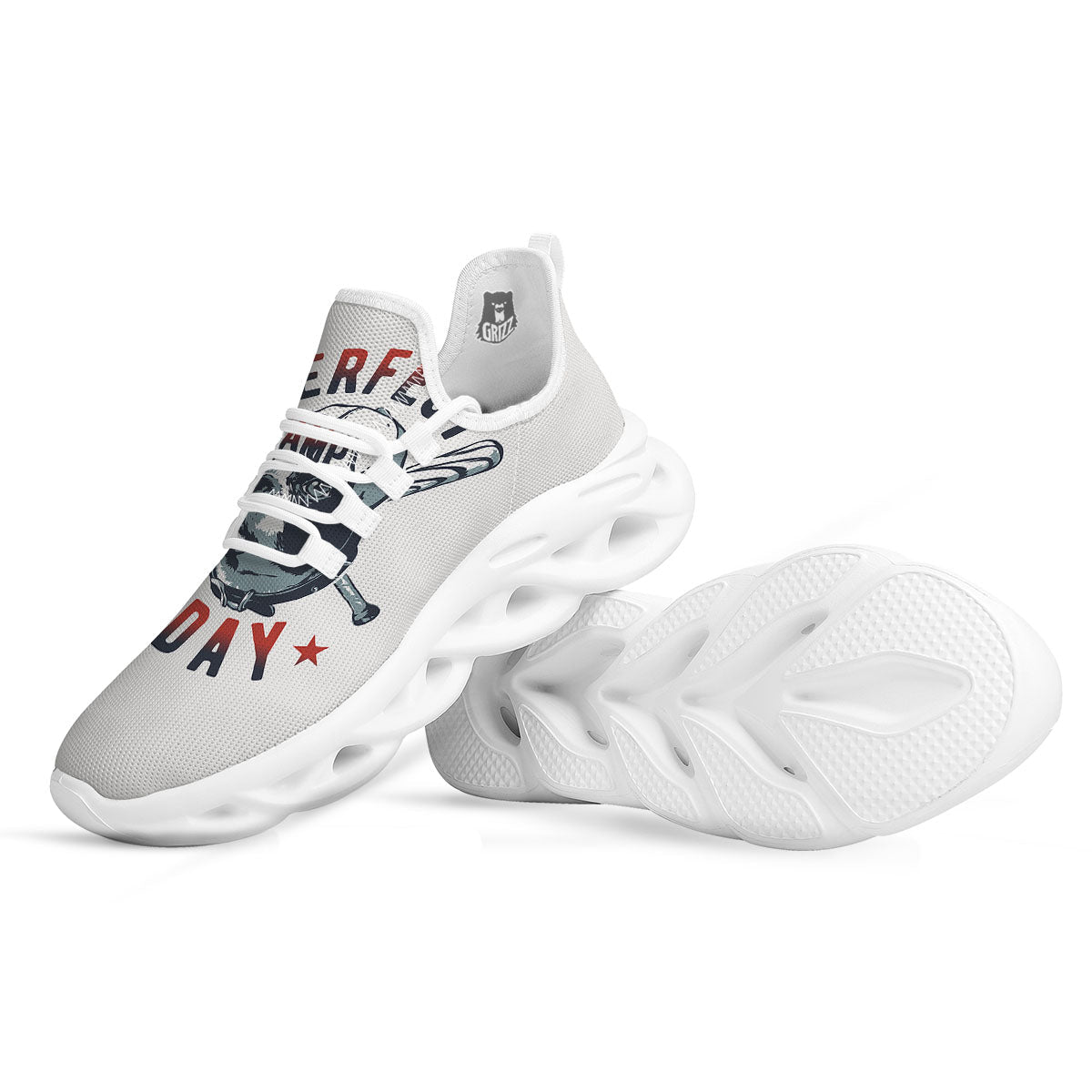 Puppy French Bulldog And Baseball Print White Running Shoes-grizzshop