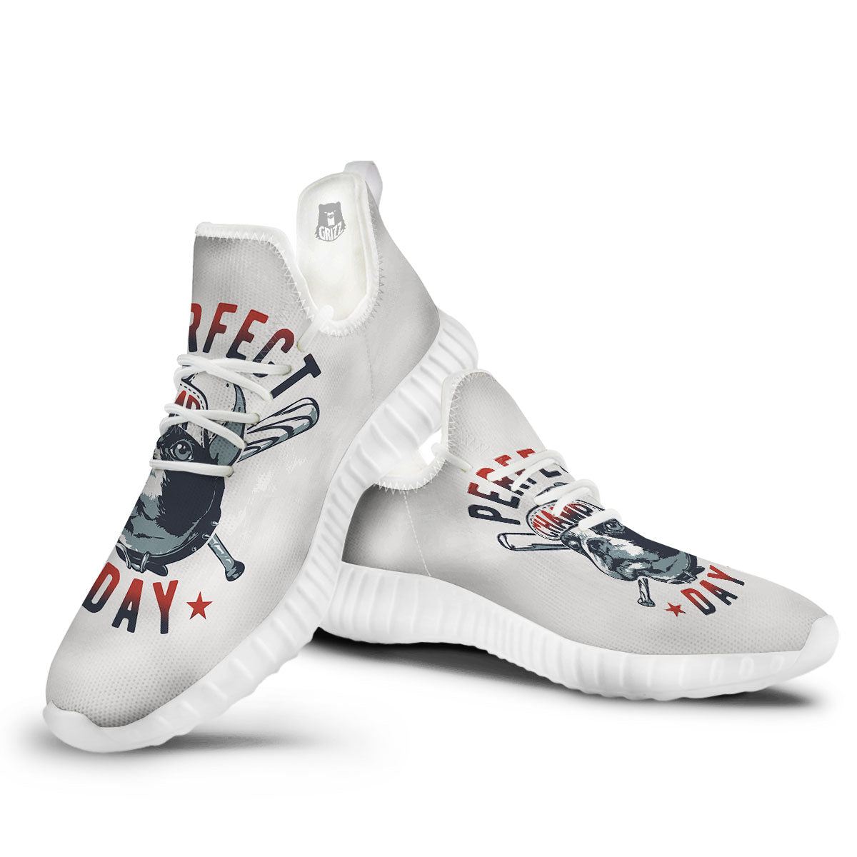 Puppy French Bulldog And Baseball Print White Walking Shoes-grizzshop