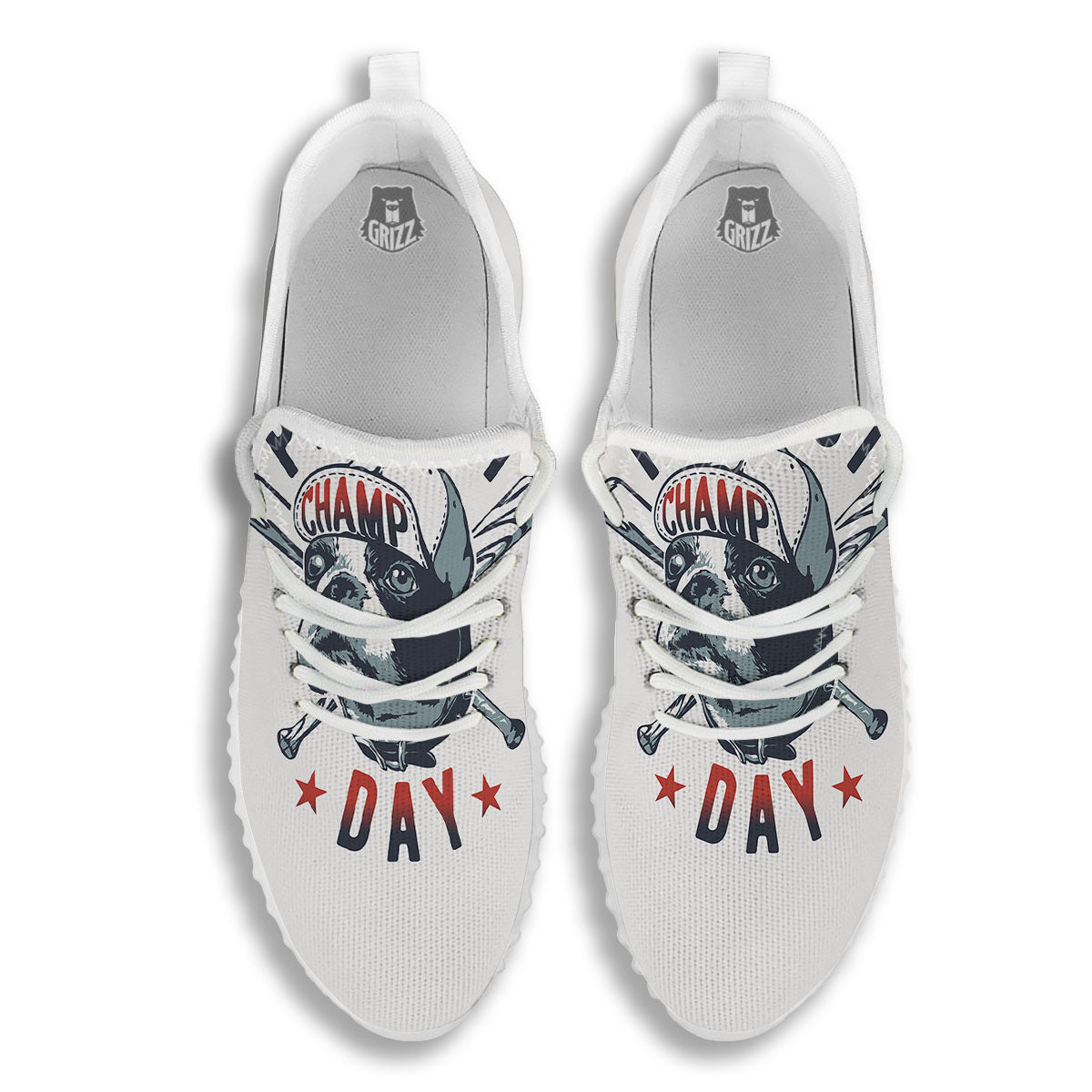 Puppy French Bulldog And Baseball Print White Walking Shoes-grizzshop